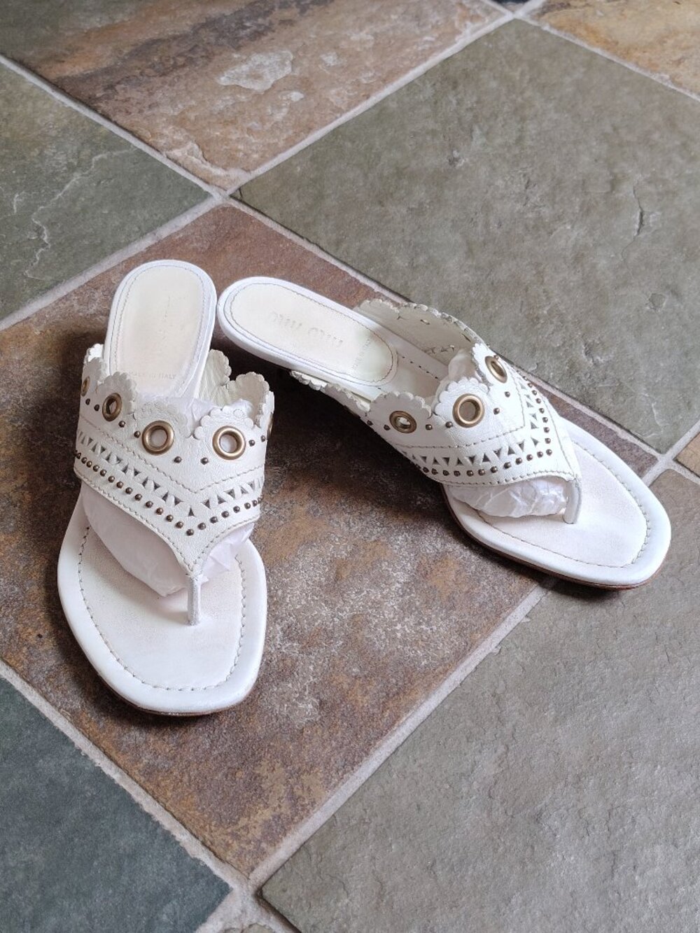 Miu Miu White Leather Sandal Kitten Heel
